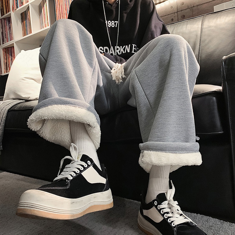 羊羔绒灰色卫裤男款秋冬季青少年休闲运动裤加绒加厚宽松直筒长裤