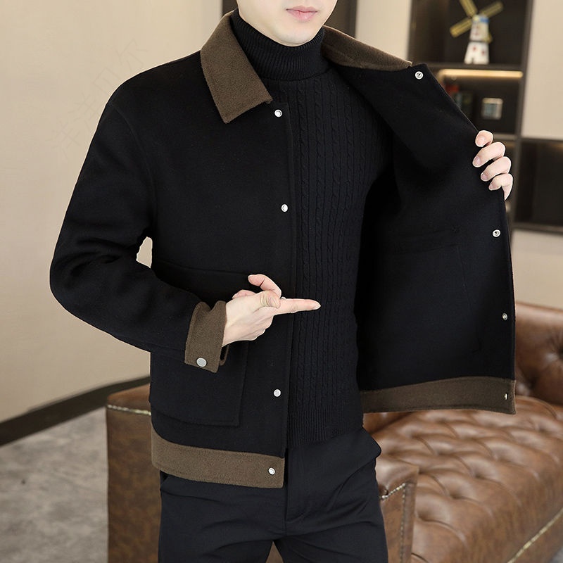 轻奢双面呢大衣男士高档秋冬季修身短款韩版潮流帅气舒适呢子外H