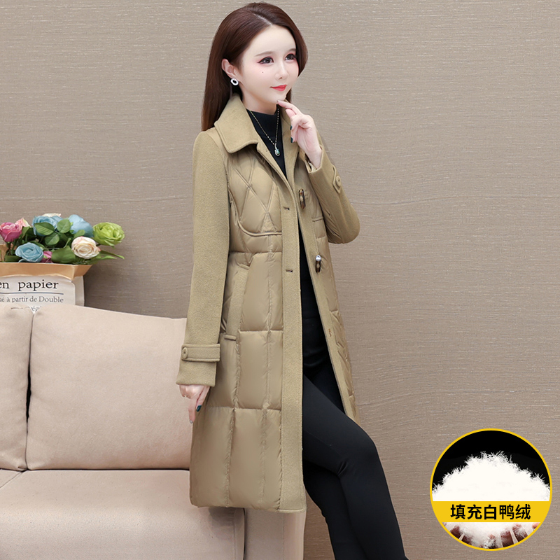 中长款毛呢羽绒服2023新款冬季修身加厚保暖白鸭绒外套女M-5XL