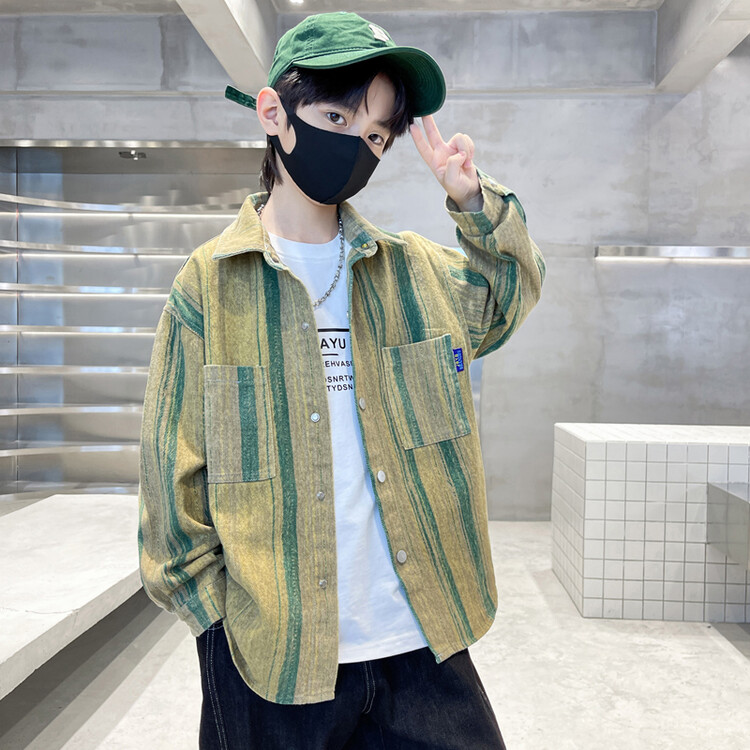 2023新款中大童男孩条纹秋季儿童装男童秋装衬衫春秋款帅气衬衣舒