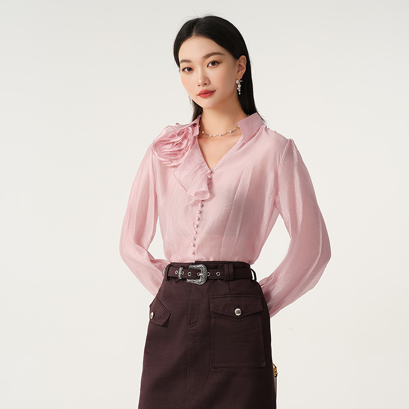 【商场同款】芭蒂娜立体玫瑰花雪纺衫女春秋季v领小衫上衣143M149