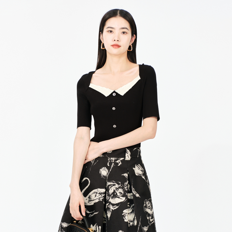 芭蒂娜秋小众设计上衣显瘦露锁骨超仙气质短袖毛针织衫女133Q197