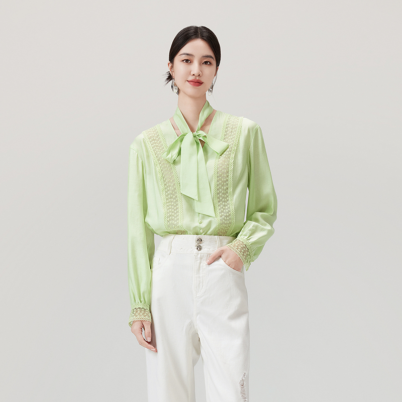 芭蒂娜醋酸镂空蕾丝雪纺衫飘带领衬衫上衣643M115