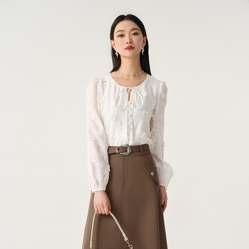 芭蒂娜天丝凉感雪纺衫上衣秋立体花朵小衫143M203