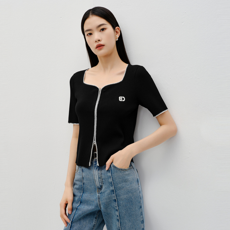 芭蒂娜黑色法式小香风针织短袖秋季修身气质上衣633P071