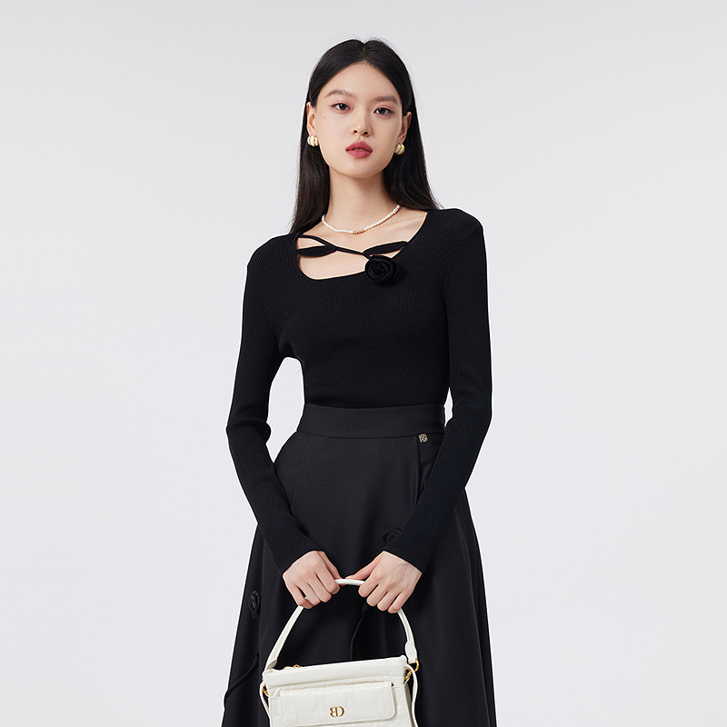 【商场同款】芭蒂娜黑色气质修身针织衫春秋立体玫瑰打底衫141Q012