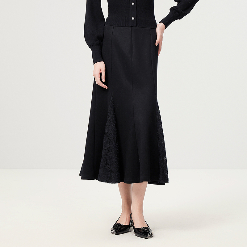 芭蒂娜法式蕾丝鱼尾半身裙冬黑色高腰显瘦中长裙644S077