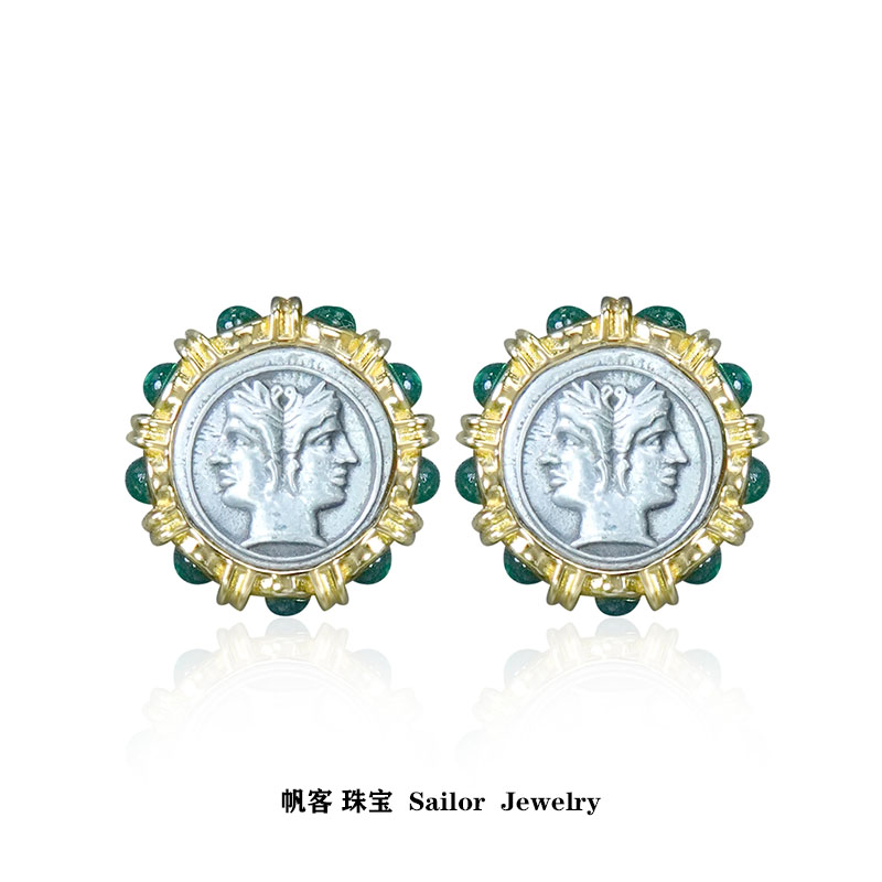 925银合成锆石耳饰 925银 【双面神】时尚古风币耳钉