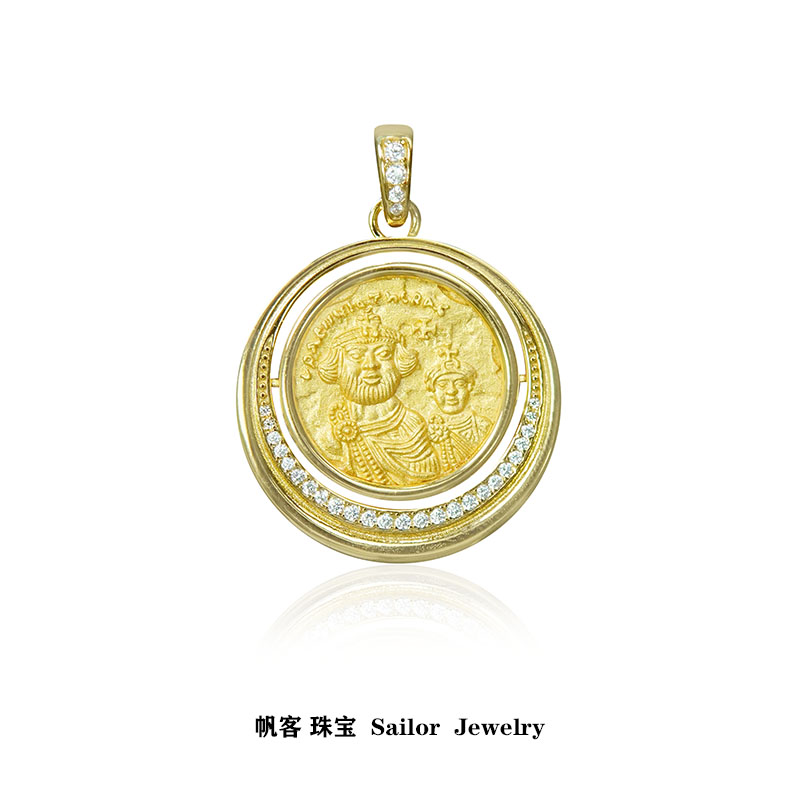 坠链均925银 【双皇】双皇手工双面小众时尚轻奢复古风金色古币吊坠