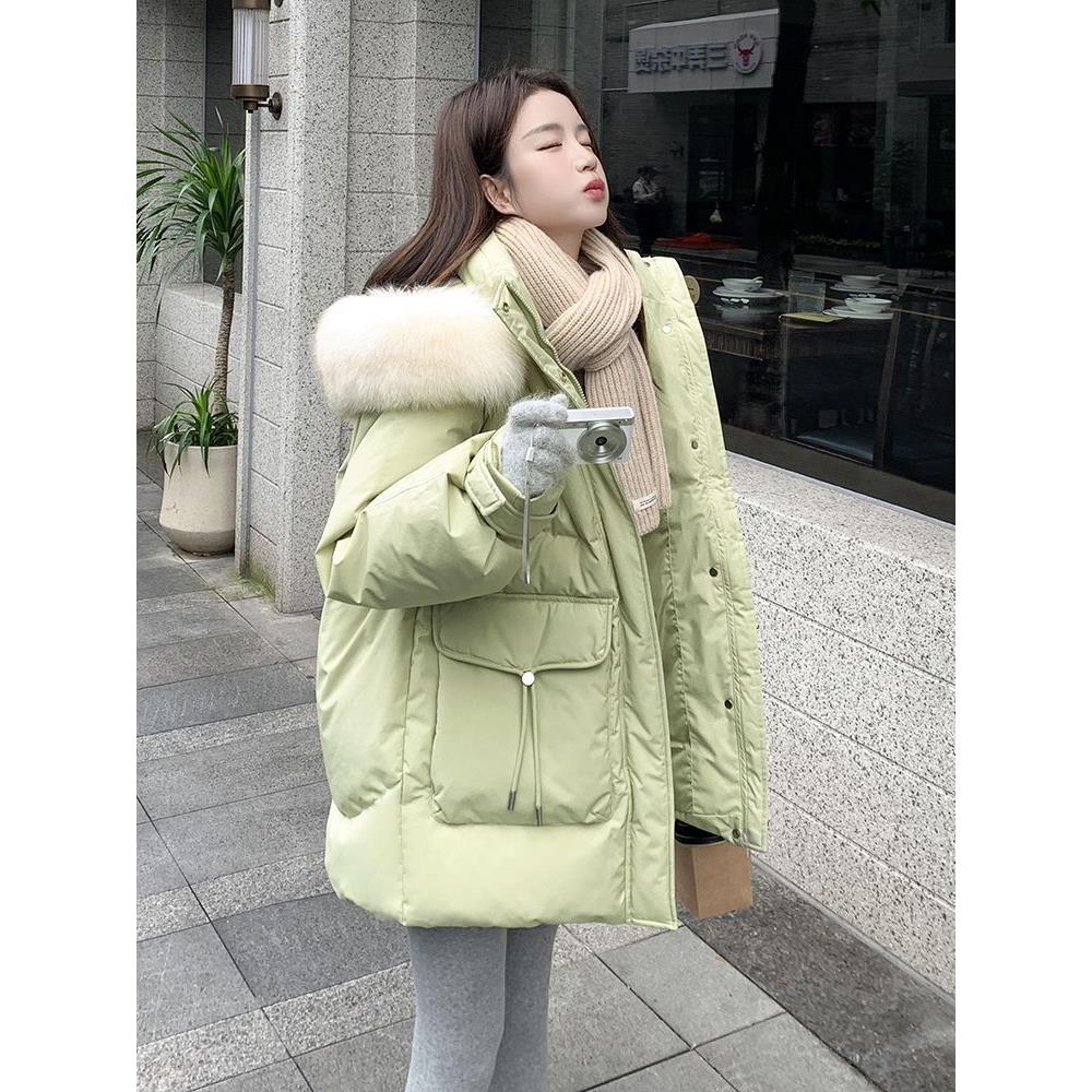 波司登白鸭绒连帽冬季新款女韩版中长款羽绒服小个子加厚宽松面包