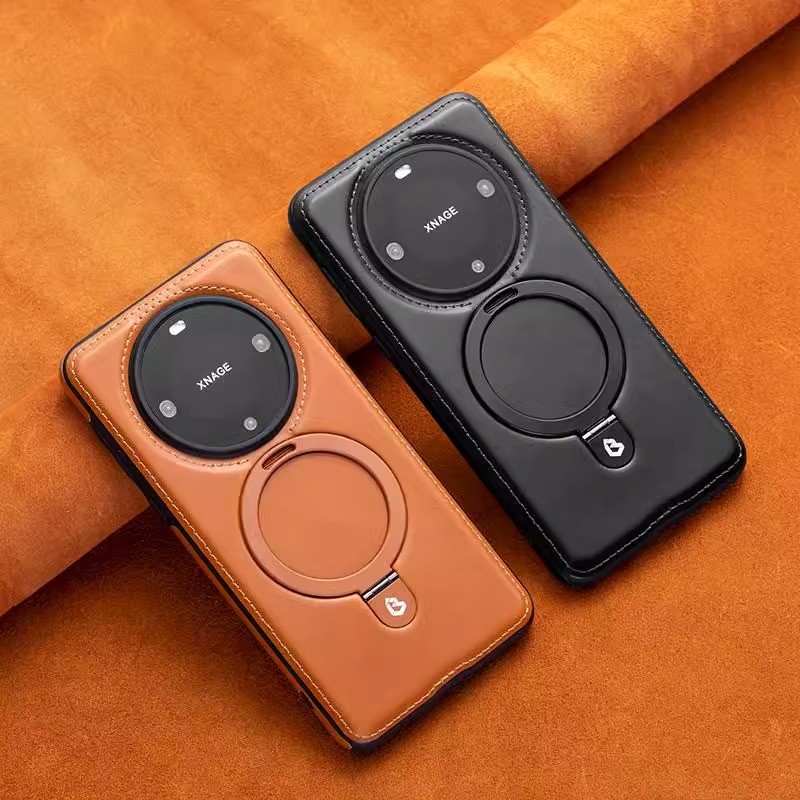 适用华为Mate60pro手机壳皮质金属支架商务防摔全包无线充电磁吸