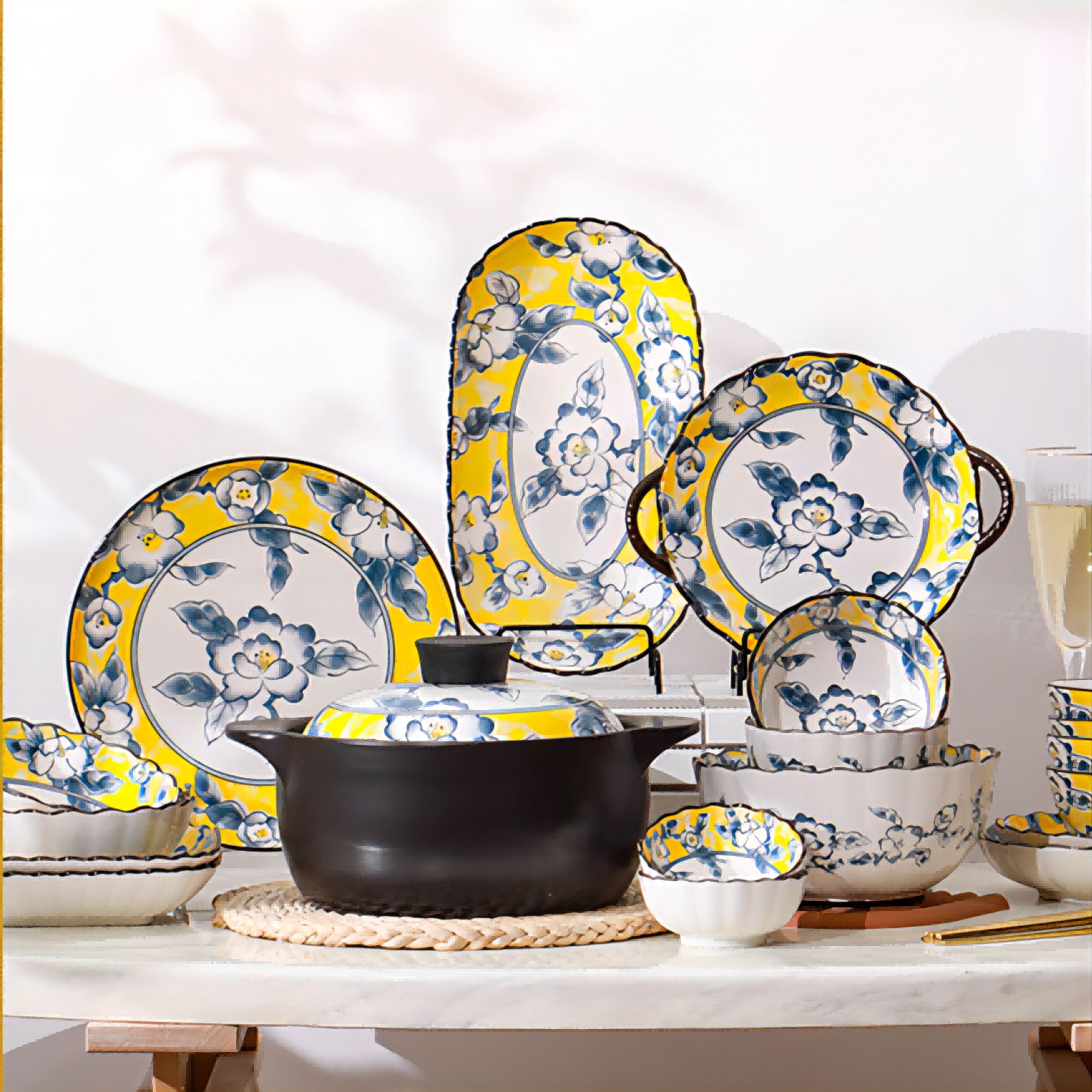 【新疆包邮】家用陶瓷碗盘圆盘菜盘鱼盘米饭碗釉下彩餐具网红碗碟盘