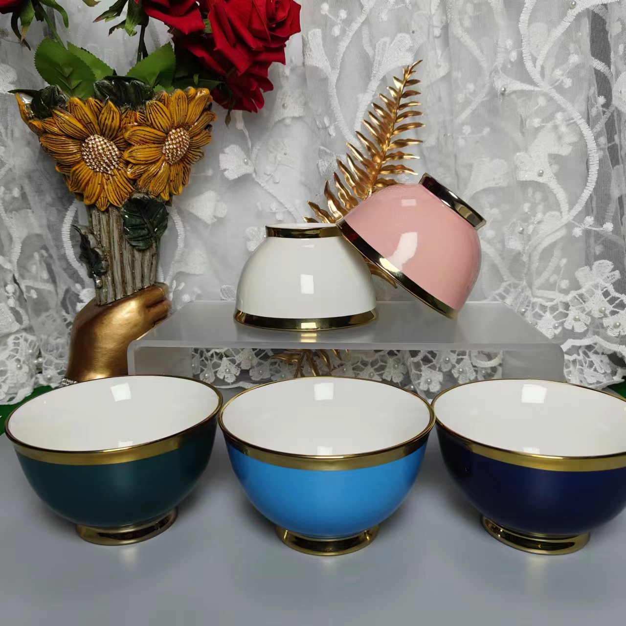 【新疆包邮】轻奢北欧创意陶瓷家用金边多色欧式圆形米饭碗奶茶碗