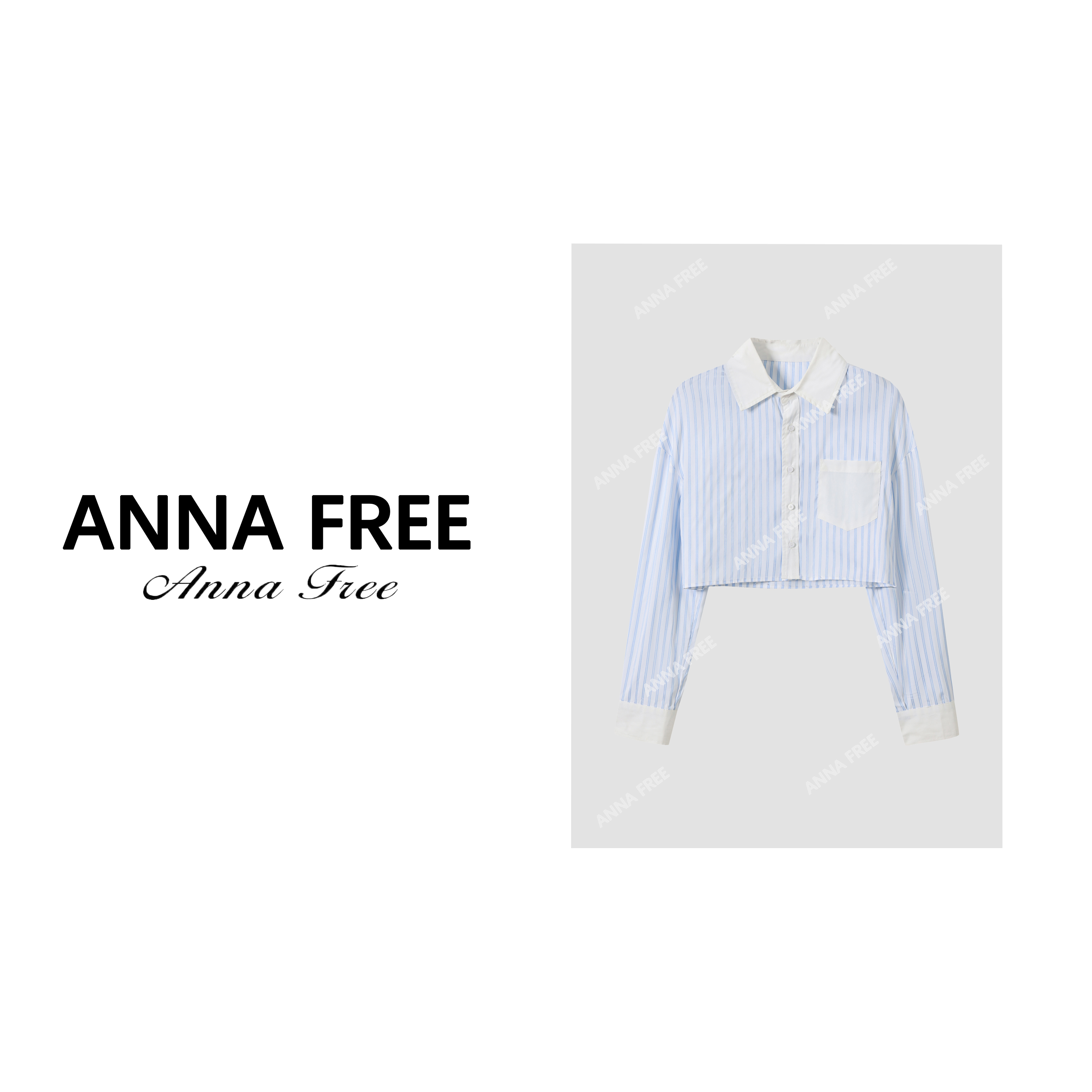 ANNA FREE 春季新款长袖竖条纹甜美衬衫短款显瘦高腰百搭23048