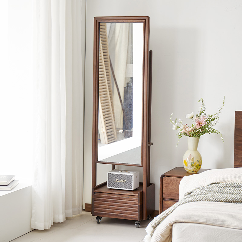 臻致美北美黑胡桃可移动悦颜穿衣镜衣帽架可储物