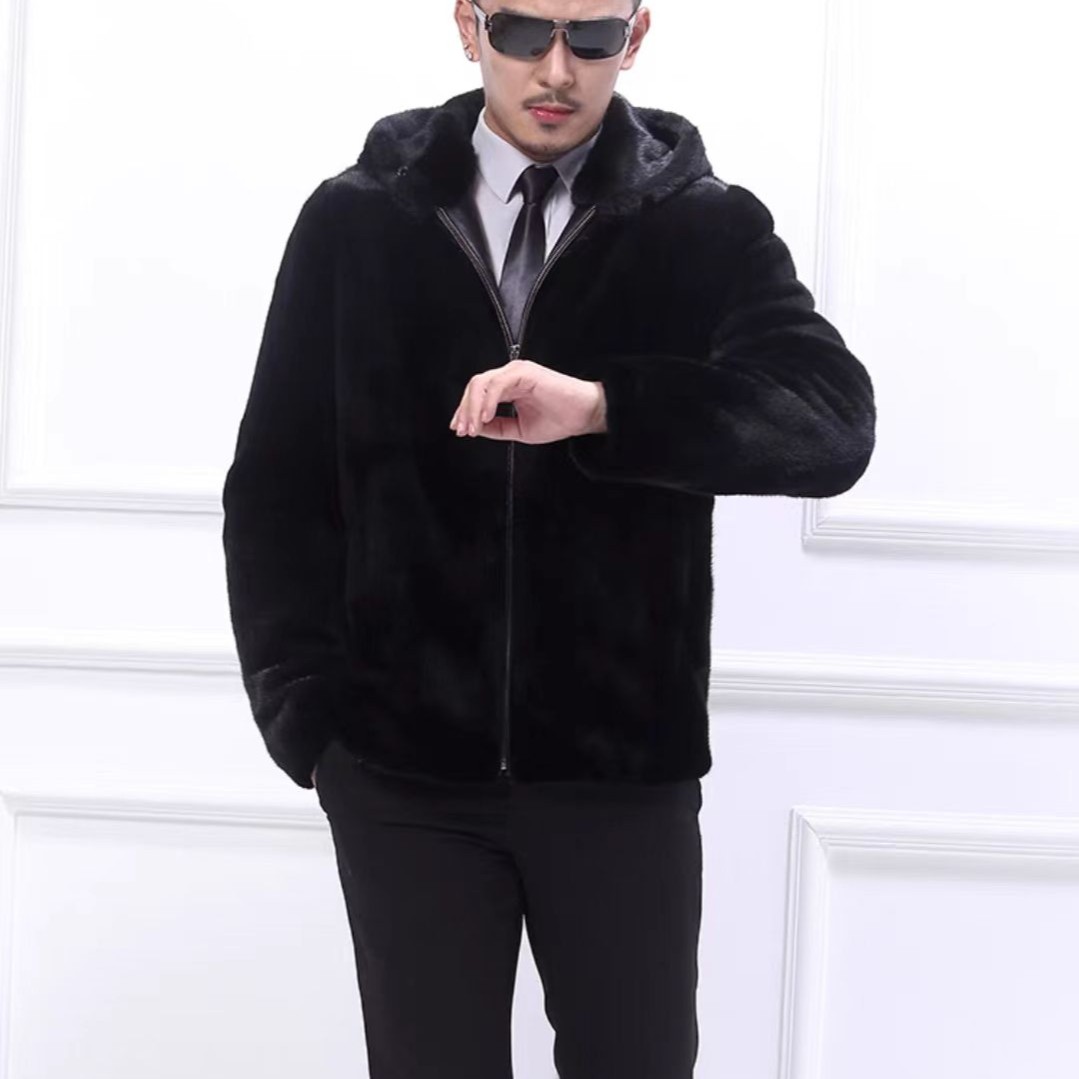 2025新款丹麦貂男士外套连帽款貂皮大衣