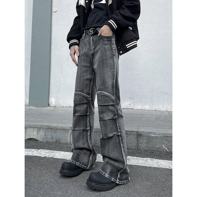 美式高街cleanfit设计感休闲牛仔裤男潮显瘦直筒微喇vibe黑色裤子