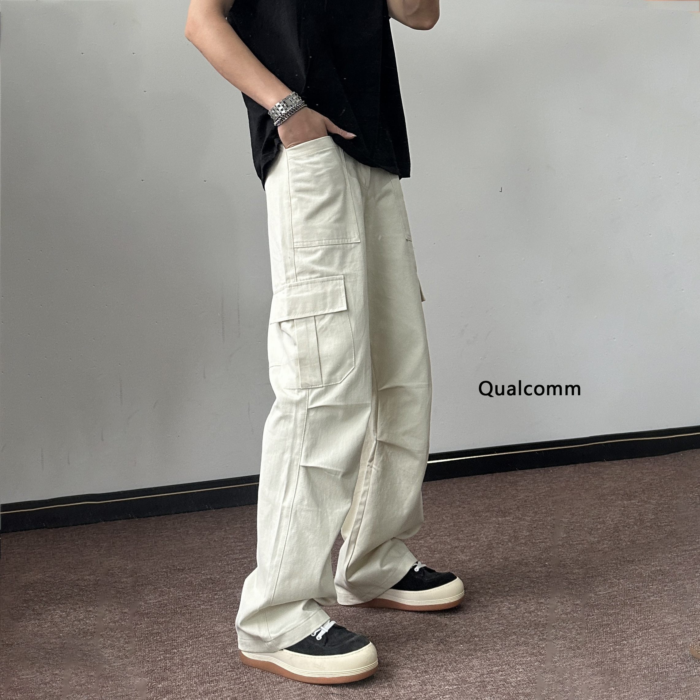 QUALCOMM秋季新款美式伞兵裤宽松百搭直筒休闲裤男潮流日系工装裤