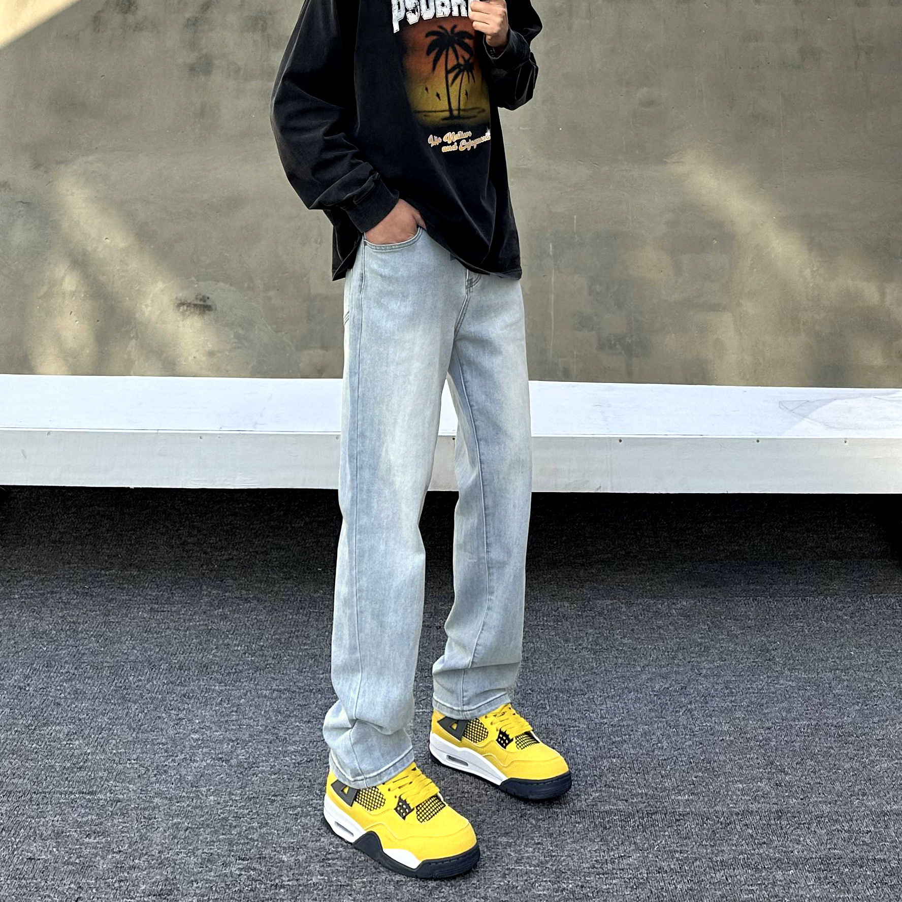 QUALCOMM秋季浅蓝色直筒牛仔裤男款美式潮流男裤弹力显瘦休闲长裤