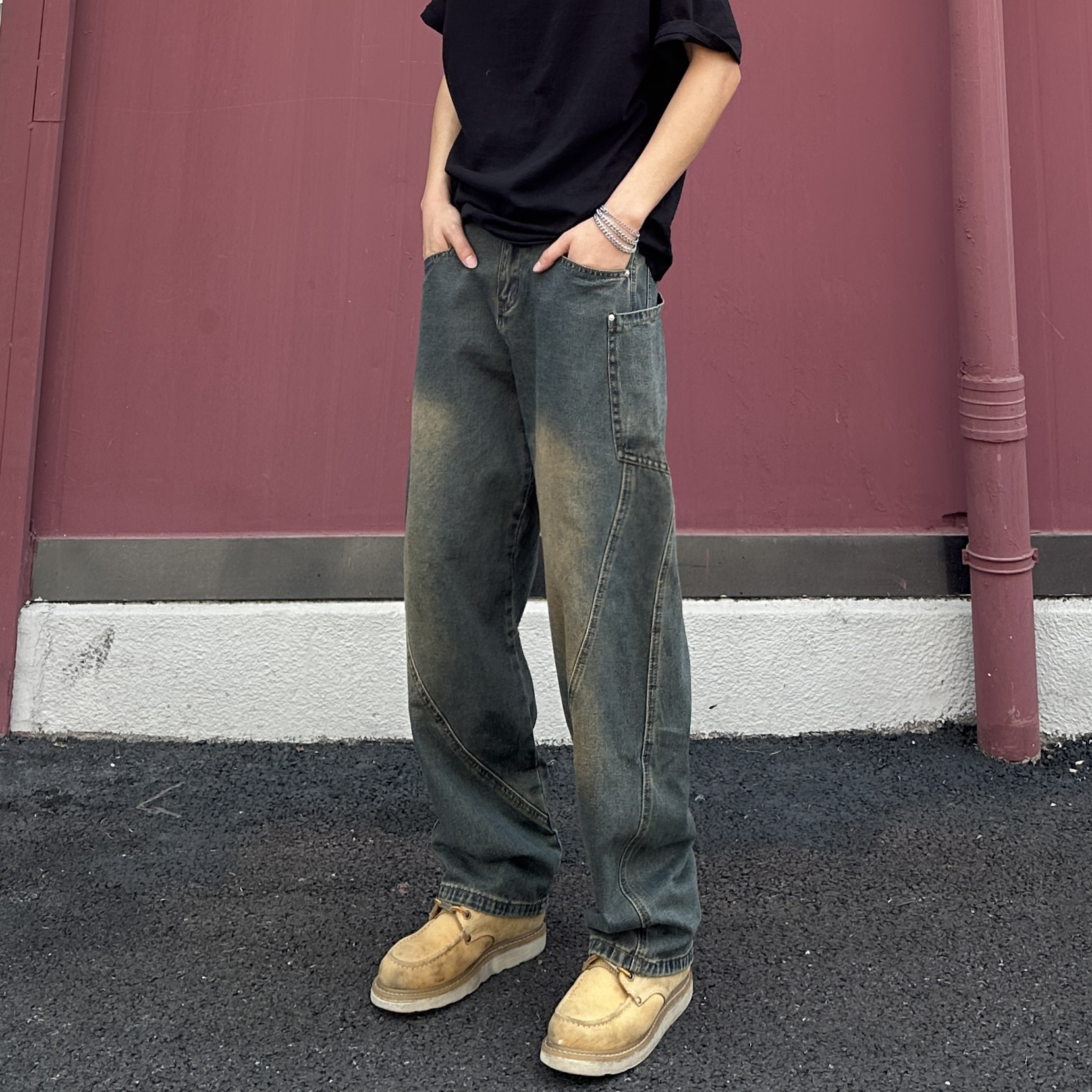 QUALCOMM潮流弯刀牛仔裤男2025秋冬新款宽松阔腿裤美式复古长裤子