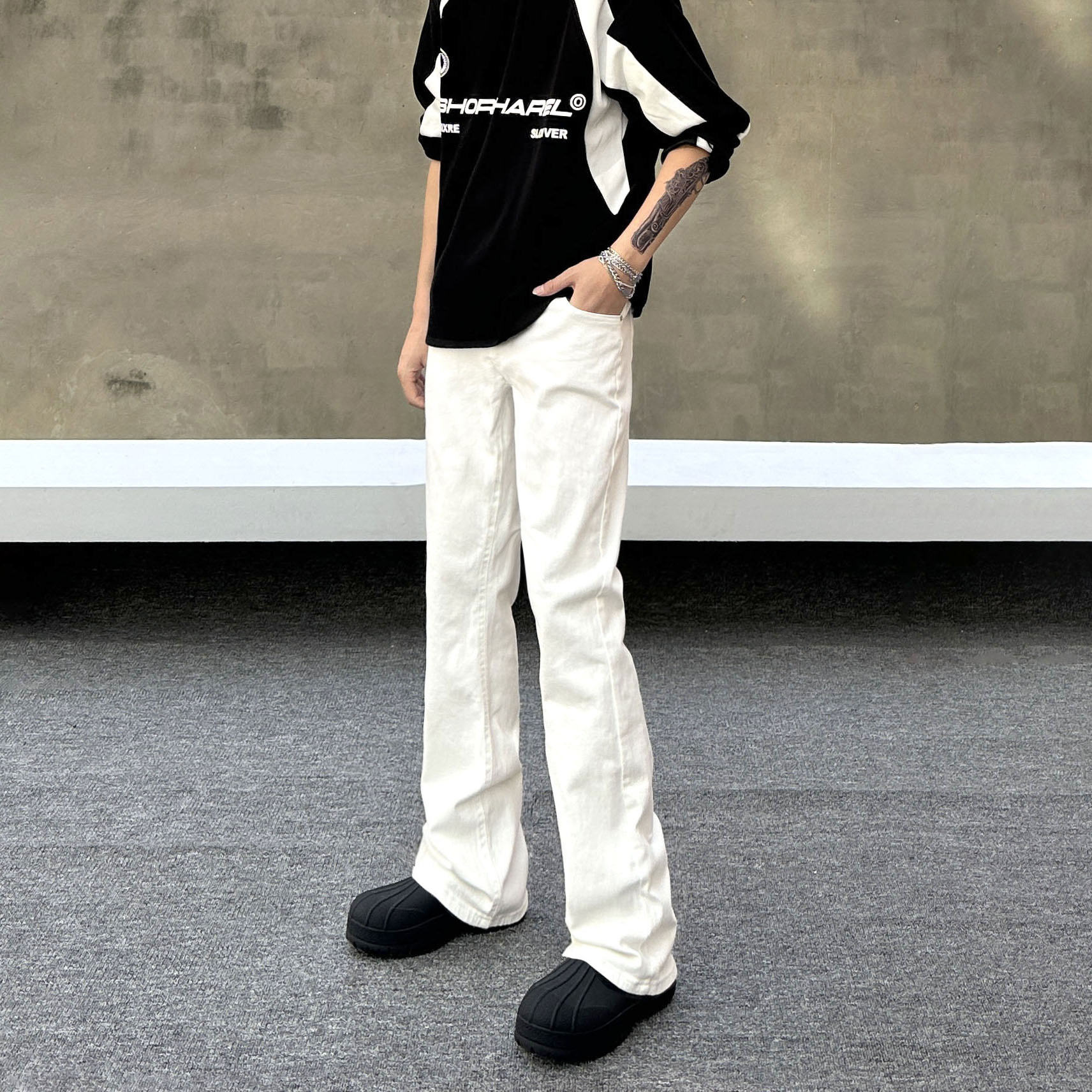 QUALCOMM美式复古白色牛仔裤男春秋潮牌爆款高街微喇显瘦直筒长裤