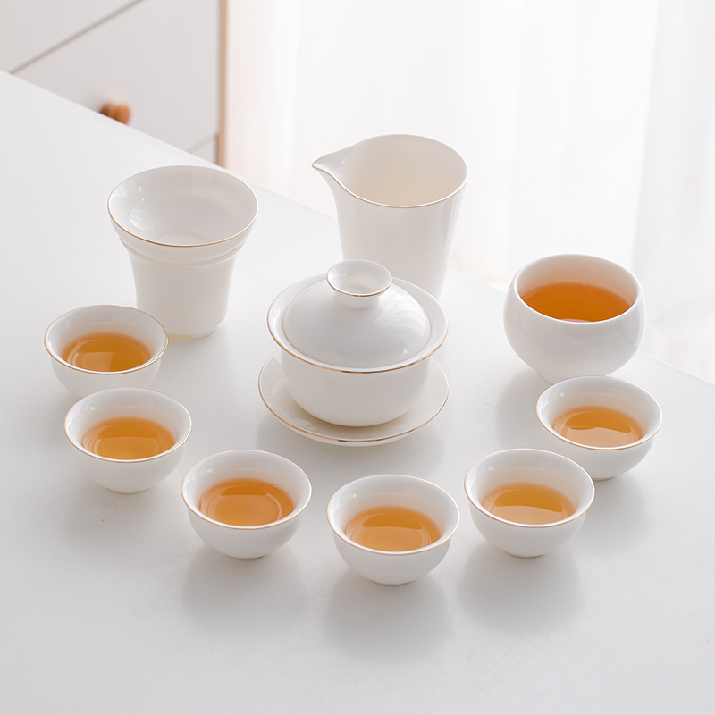 描金圆满羊脂玉白瓷功夫茶具套装高档家用办公茶杯盖碗整套简约