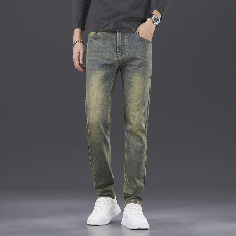 外贸男装牛仔裤男复古蓝直筒修身弹力茉涵做旧秋冬款厚款高端牛款