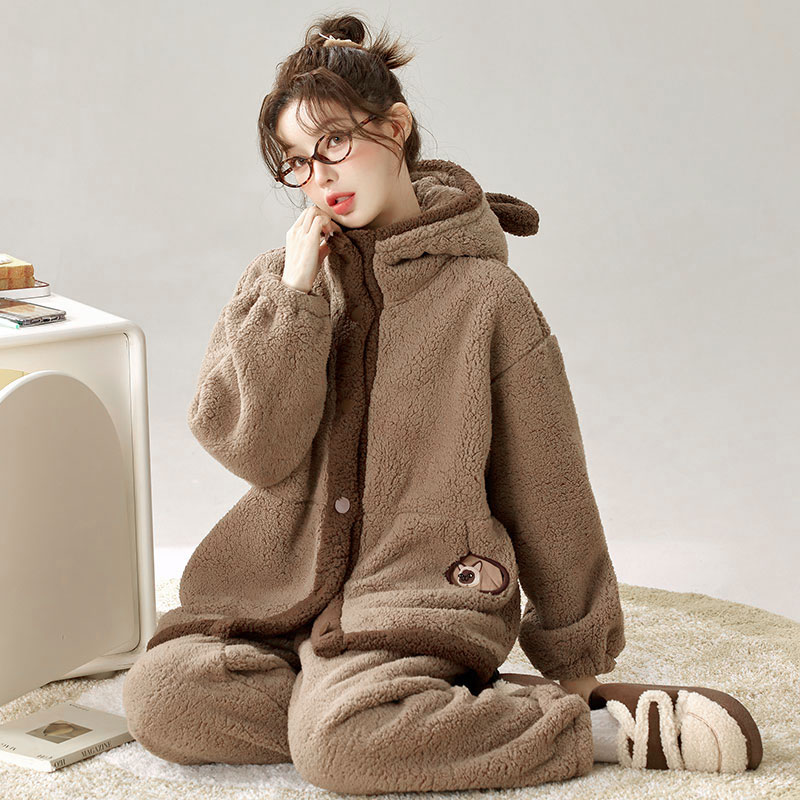 【年终大促】宽松套装韩版秋冬季加绒加厚睡衣毛绒家居服保暖女连帽