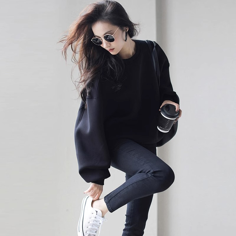 加绒卫衣女秋冬原创设计感小众炸街欧货时尚慵懒风圆领套头上衣潮