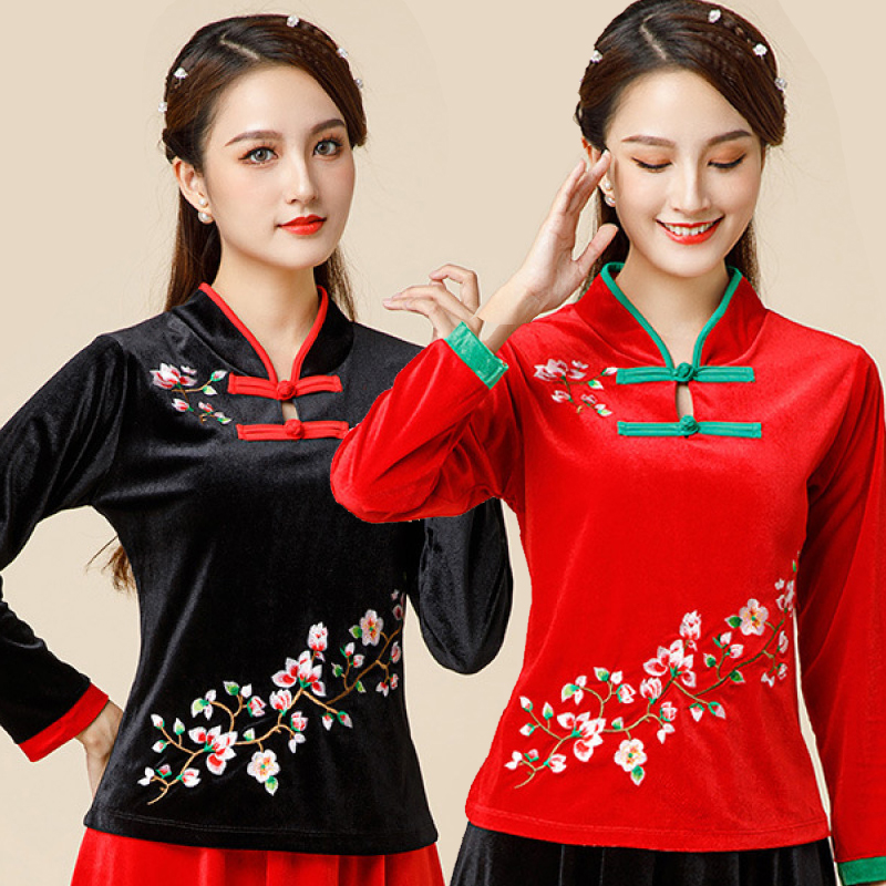 秋冬舞蹈服上衣刺绣金丝绒秋冬中国民族舞中老年表演出服打底衫