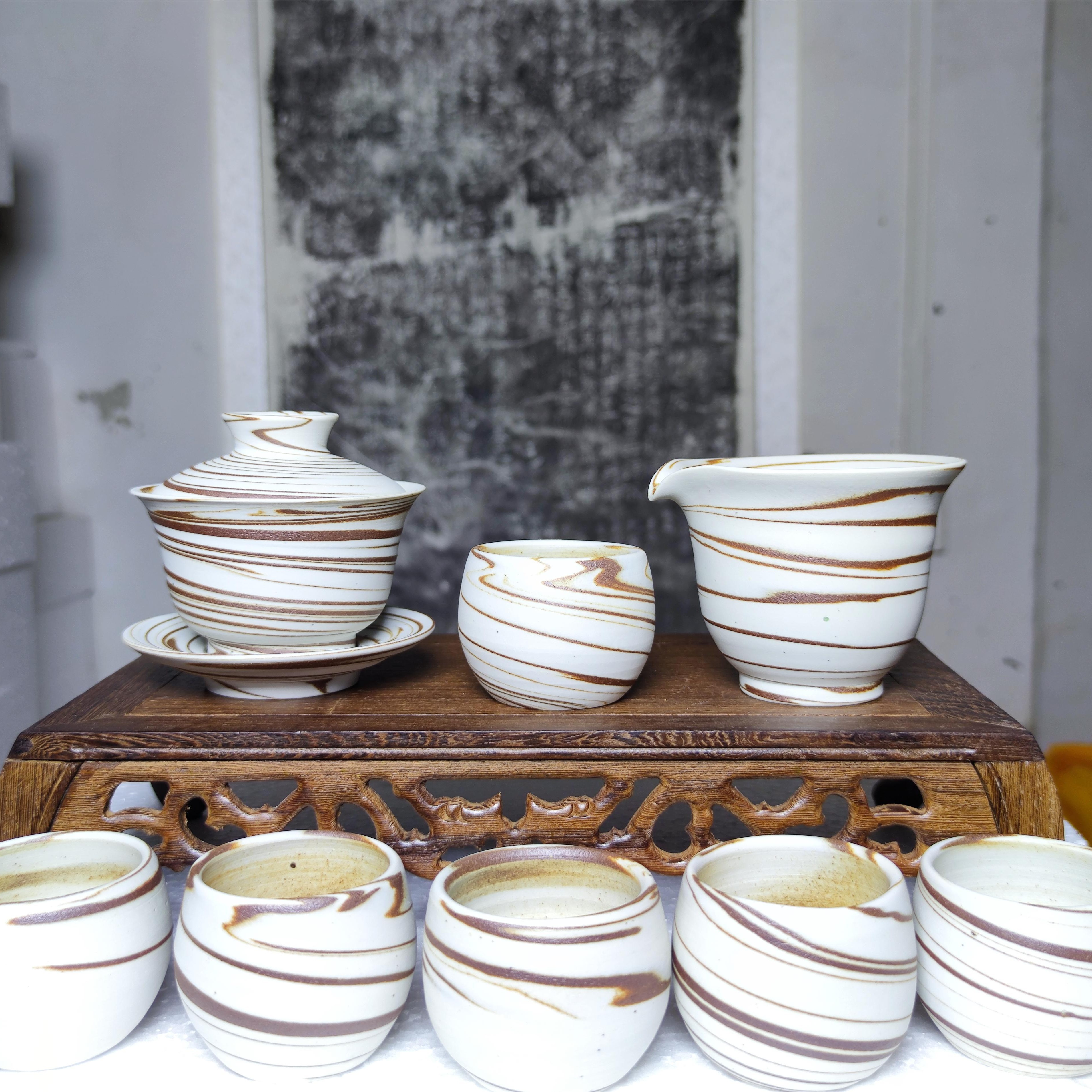 当阳峪绞胎瓷高温无釉茶具套装   