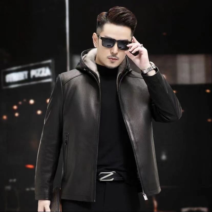 男士头层山羊皮连帽水貂内胆时尚休闲皮衣外套