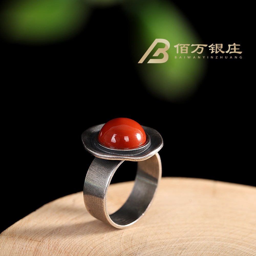 【佰万银庄】纯银S925古法做旧南红戒指开口戒可调节个性镶嵌圆形