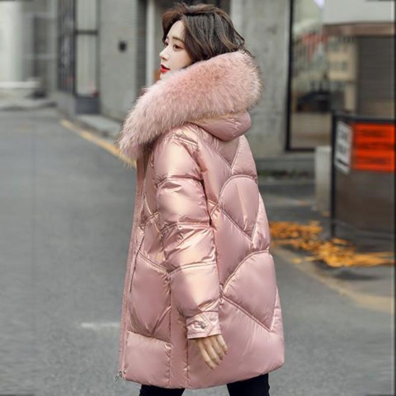 2023冬季新款宽松免洗羽绒服女网红亮面中长款真毛领白鸭绒外套潮