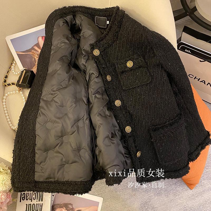 黑色小香风羽绒服女冬季2023新款高端法式流苏亮丝内胆羊毛呢棉服