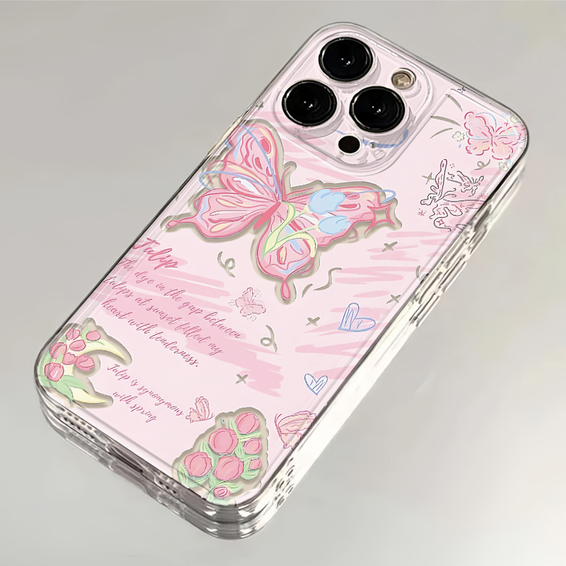 ins粉郁金香蝴蝶适用iPhone15苹果13手机壳14/12华为vivo小米oppo