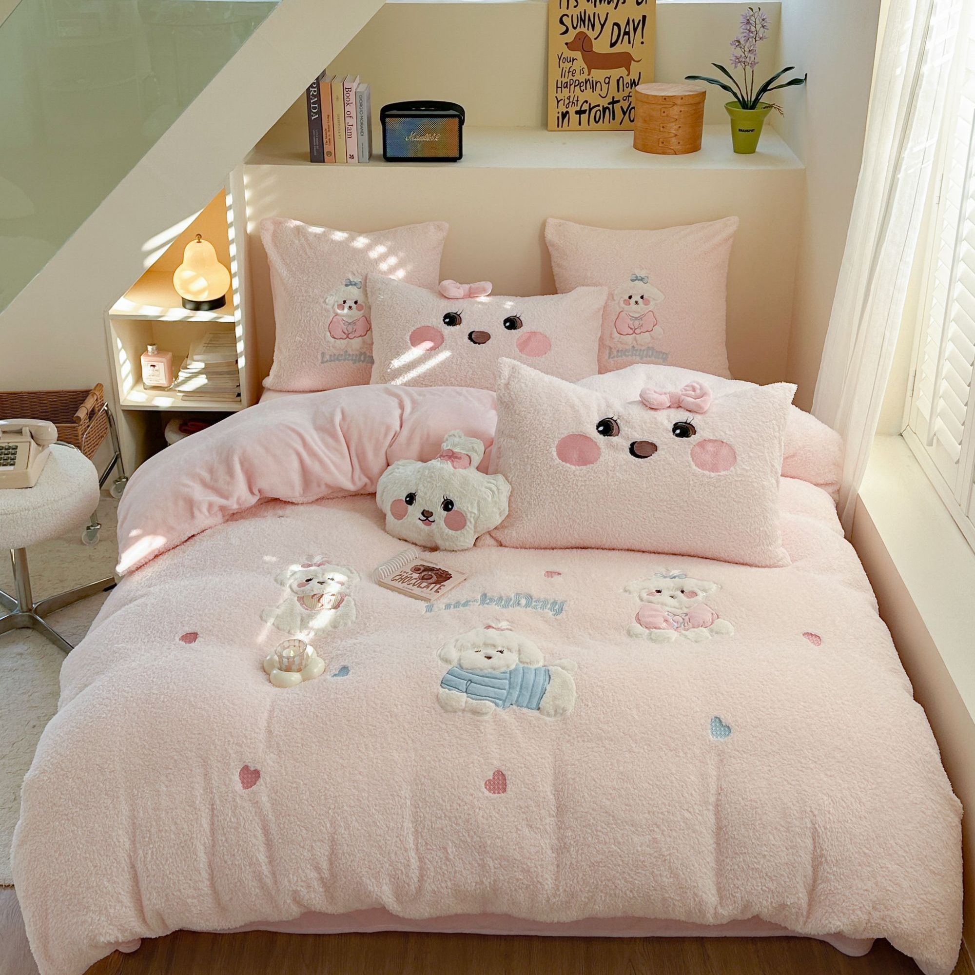 桃子 软绵绵 牛奶绒三件套四件套华夫格花边公主风少女心韩