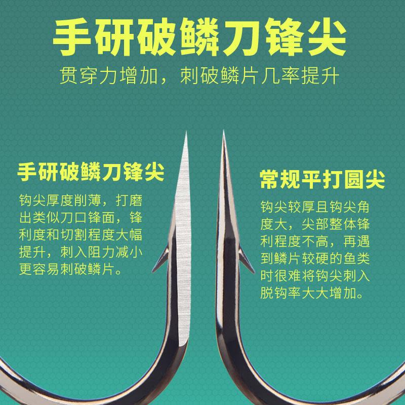 瑞美人34号手研破鳞刀锋尖丸世鱼钩长柄歪嘴有倒刺无刺刀锋锚鱼钩