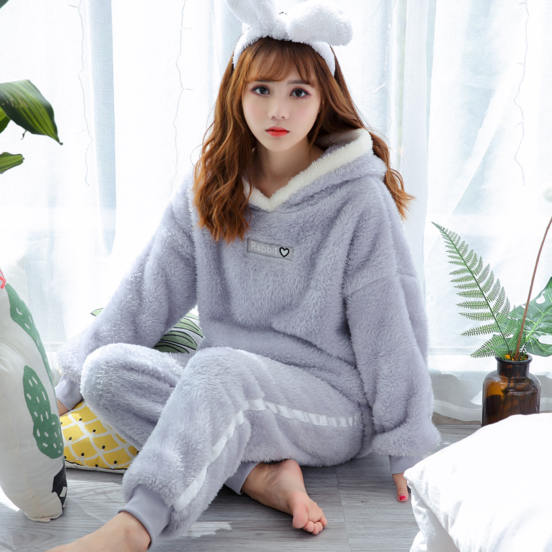 秋冬季珊瑚绒法兰绒睡衣女士冬天加绒加厚保暖外穿大码家居服套装