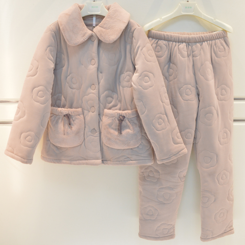 妮可雅睡衣冬季女士贝贝绒三层加厚夹棉奢华大方宽松棉袄家居服