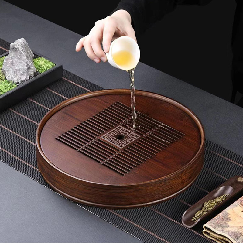 九竹沥水圆形茶盘方圆25CM家用轻奢小型干泡台茶盘竹制储水茶托盘