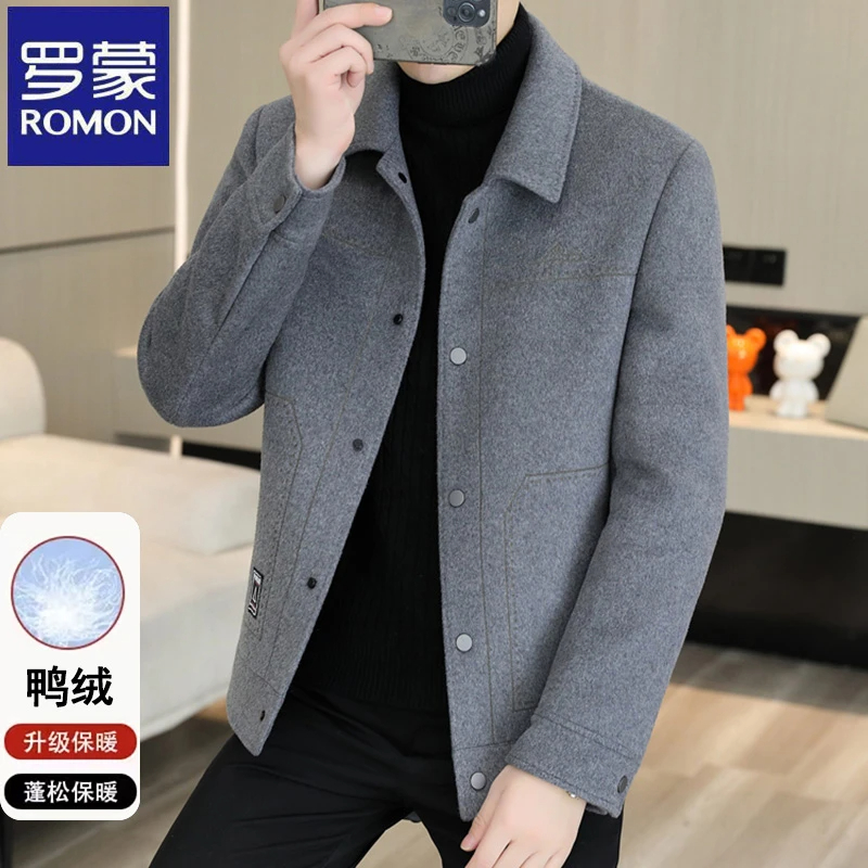 【可拆卸内胆】罗蒙秋冬季白鸭绒男士西服保暖休闲韩版翻领毛呢大衣