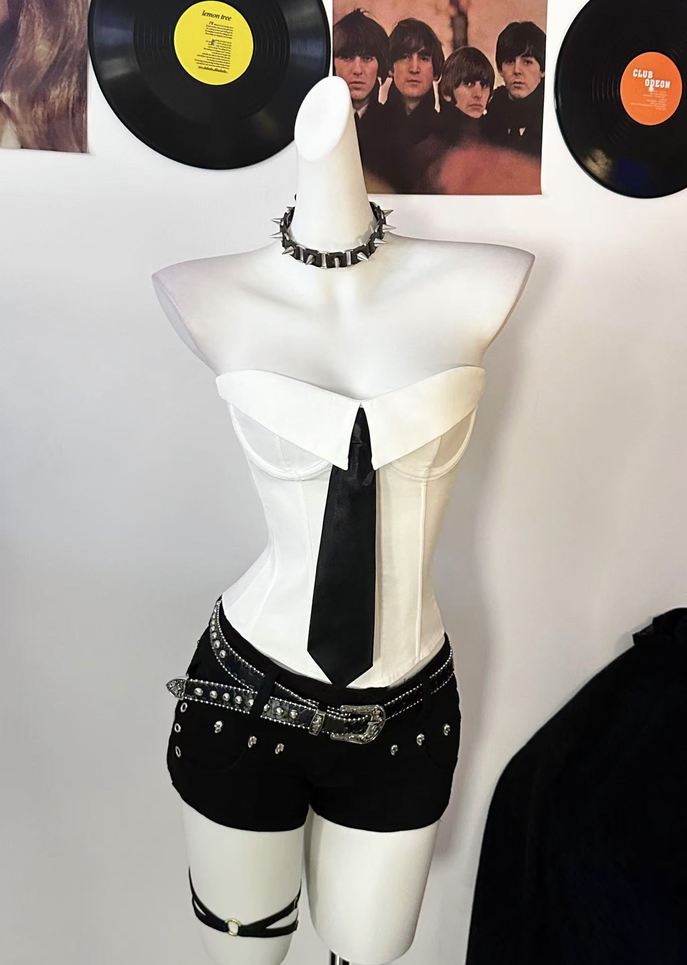 HOTGIRL 美式辣妹高校学院风领带抹胸高弹修身显瘦塑身鱼骨上衣