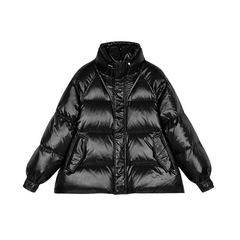 波司澄黑色亮面羽绒服女短款2023冬季新款宽松立领加厚白鸭绒面包