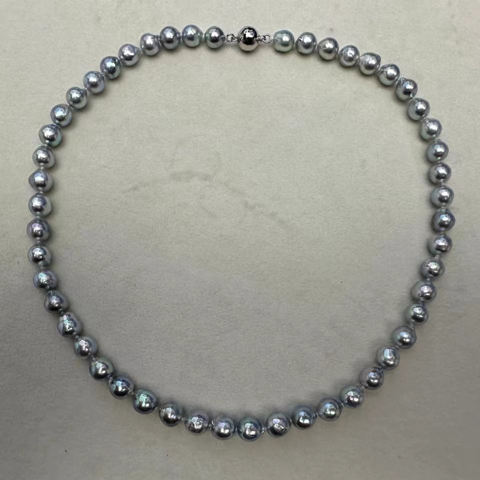 尊鼎珍珠-S925银海水珍珠真多麻色系满串项链+珠径7-8mm-Nami孤品