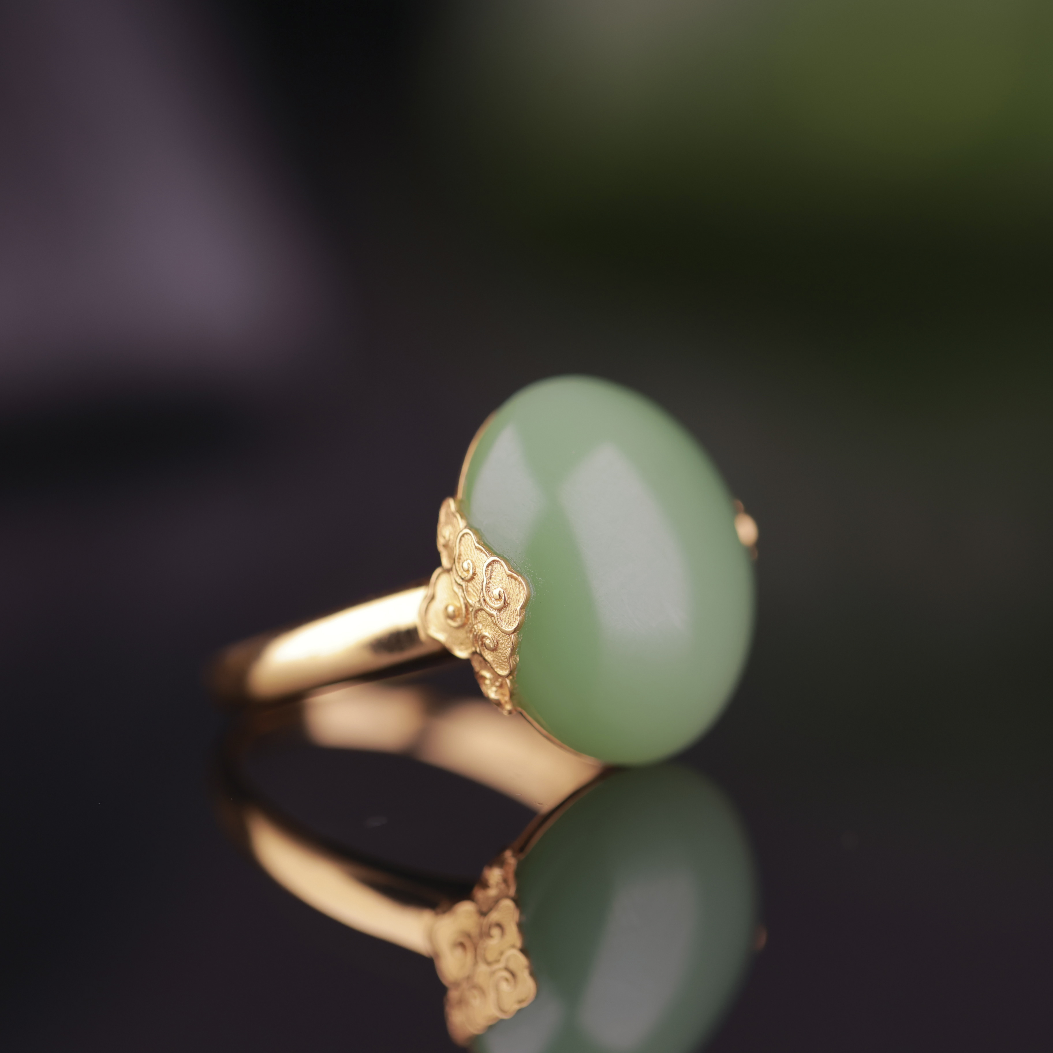 【18k金镶玉戒指】新疆和田玉碧玉细温润纯净饱满圆润18k金