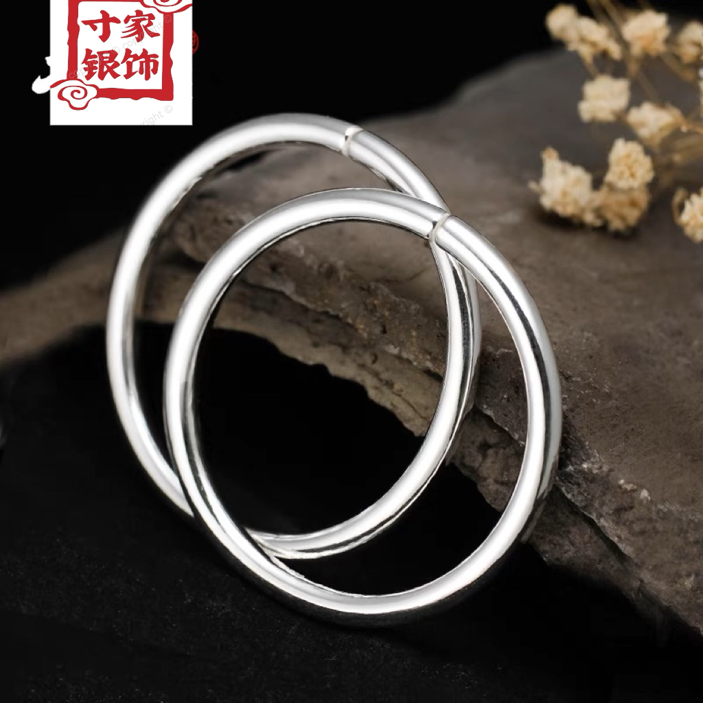 足银银制品 寸家雪花银9999银手镯足银素圈开口实心情侣镯子刻字