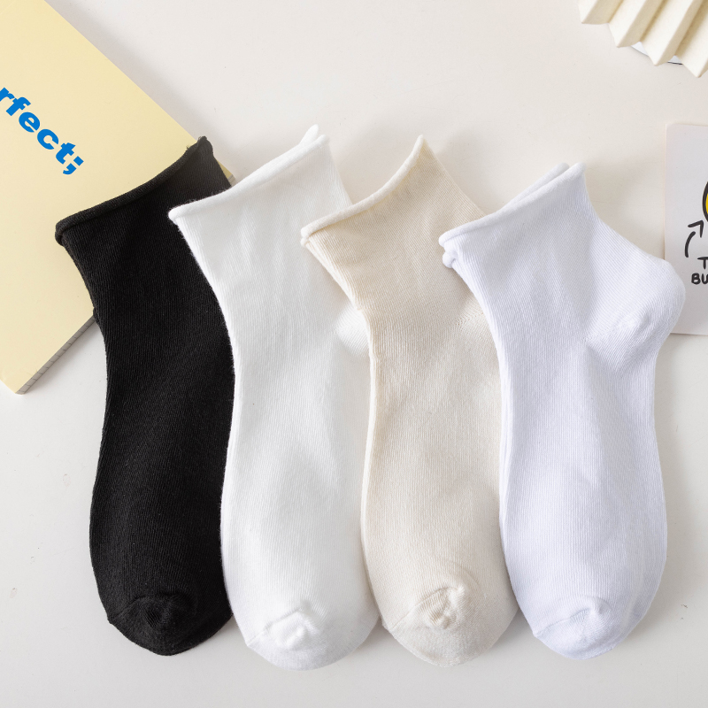  纯色卷边袜子女中筒袜ins潮可爱日系堆堆袜简约百搭黑色学院风