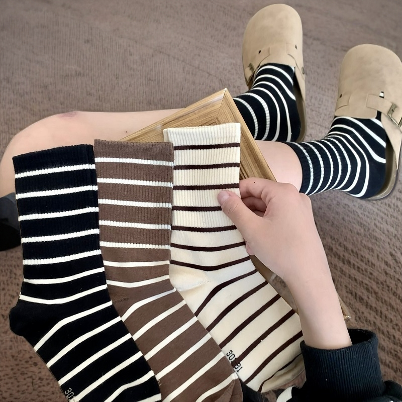 袜子女透气秋冬款中筒条纹袜子ins潮百搭运动棉袜长筒堆堆袜女款