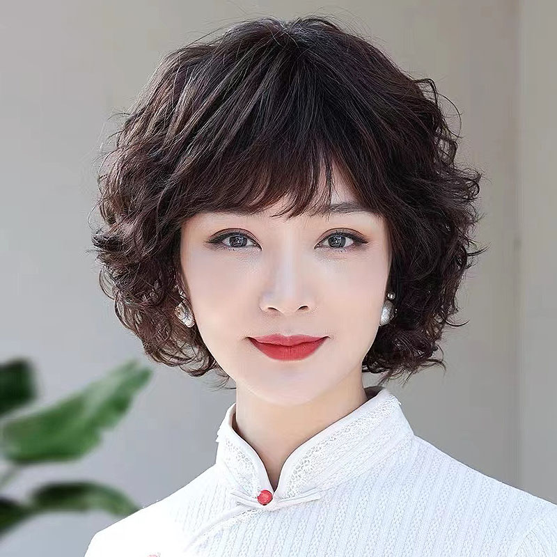 假发女短卷发妈妈款真人发丝中老年真发全头套式全真自然发套女士
